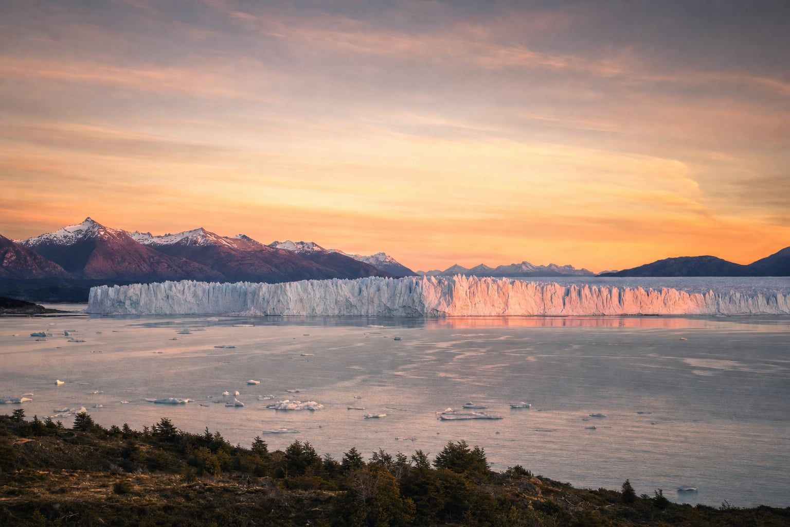 Sunrise over the Perito Moreno Glacier Sunrise light on the Perito Moreno Glacier across Lake Argentino