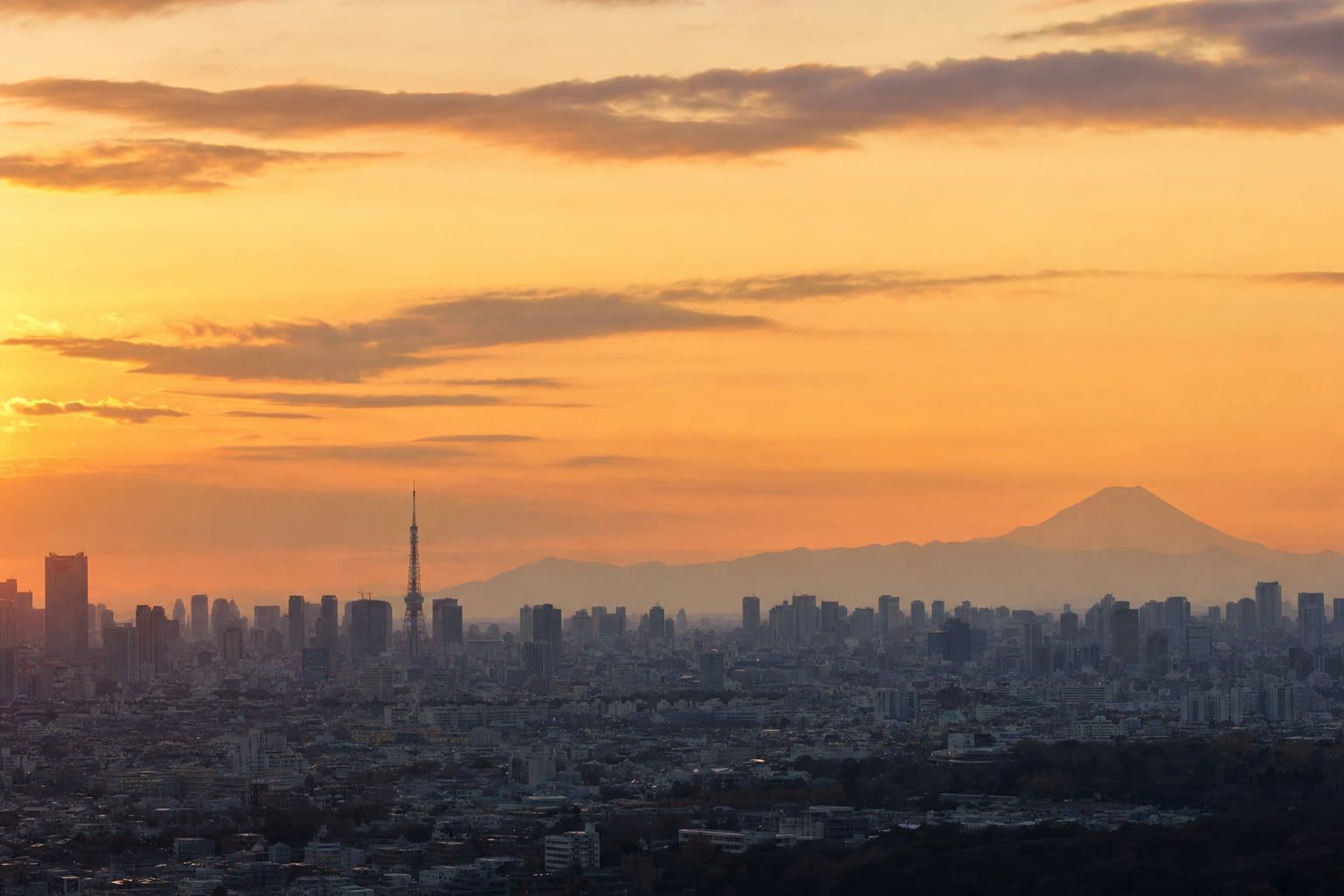 Sunset over Tokyo and Tokyo Tower Winter sunset over Tokyo with Tokyo Tower in the distance
