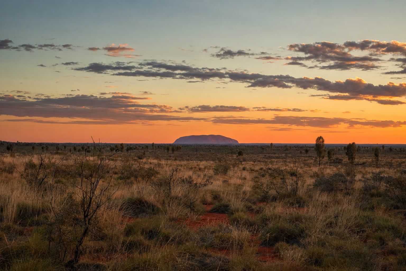 Sunset at Uluru Uluru glowing orange at sunset in the distance across the red desert