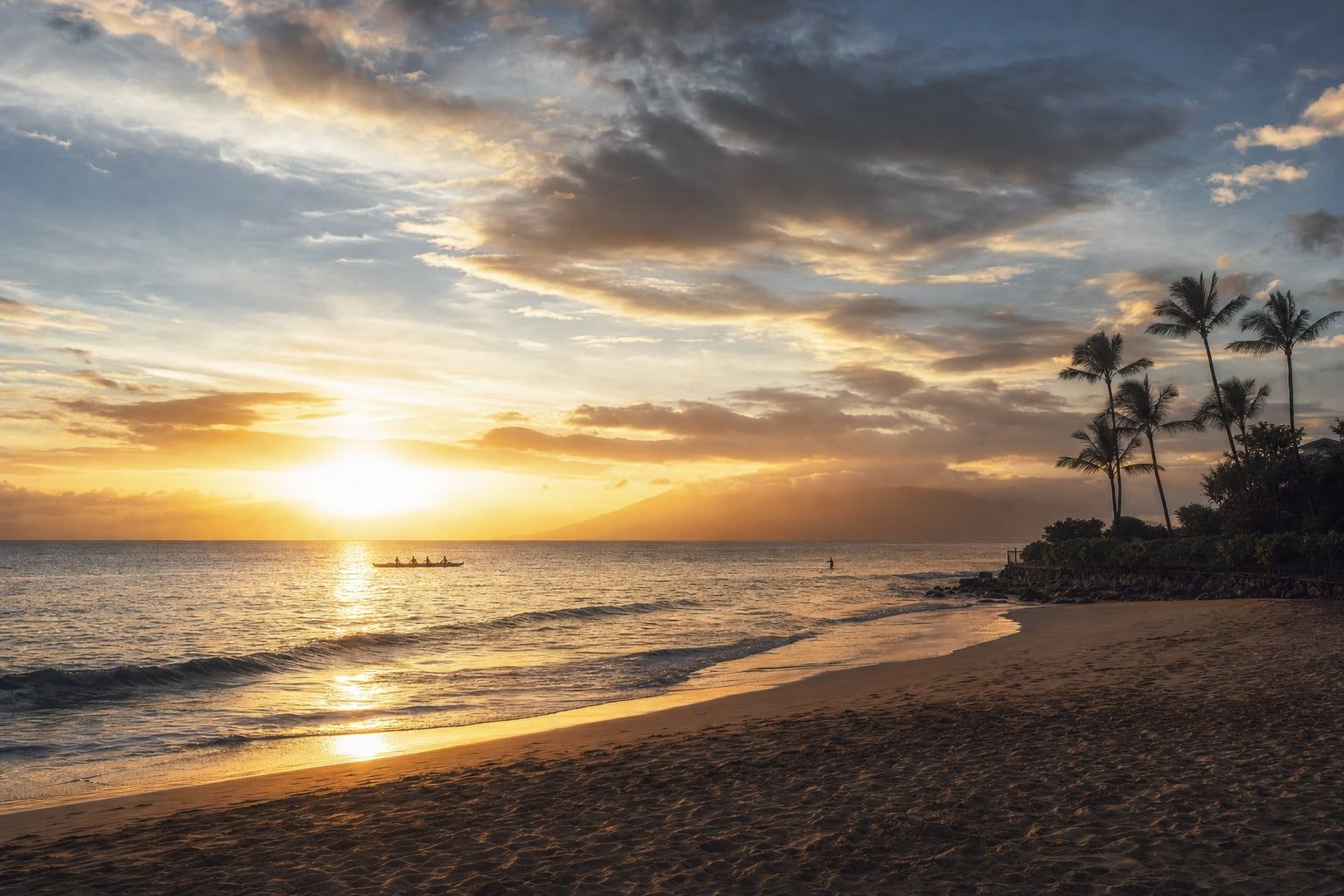Sunset at Waikiki Beach, Honolulu Golden sunset over the Pacific at Waikiki Beach
