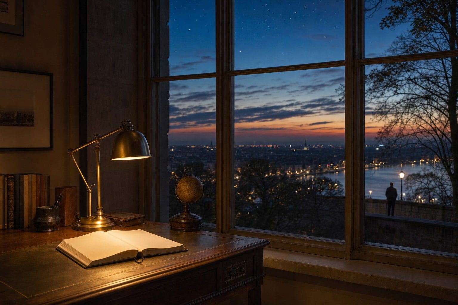 A desk with a lamp and a globe by a window at dusk