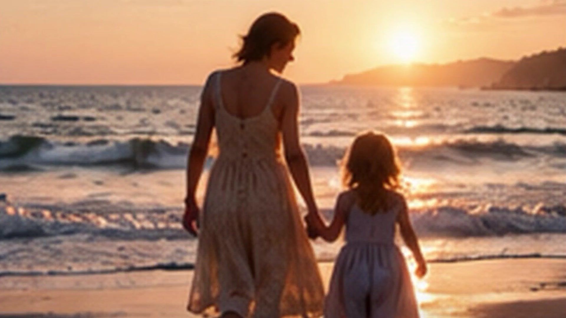 A mother and her daughter walking along the sea at sunrise: the Resthe film