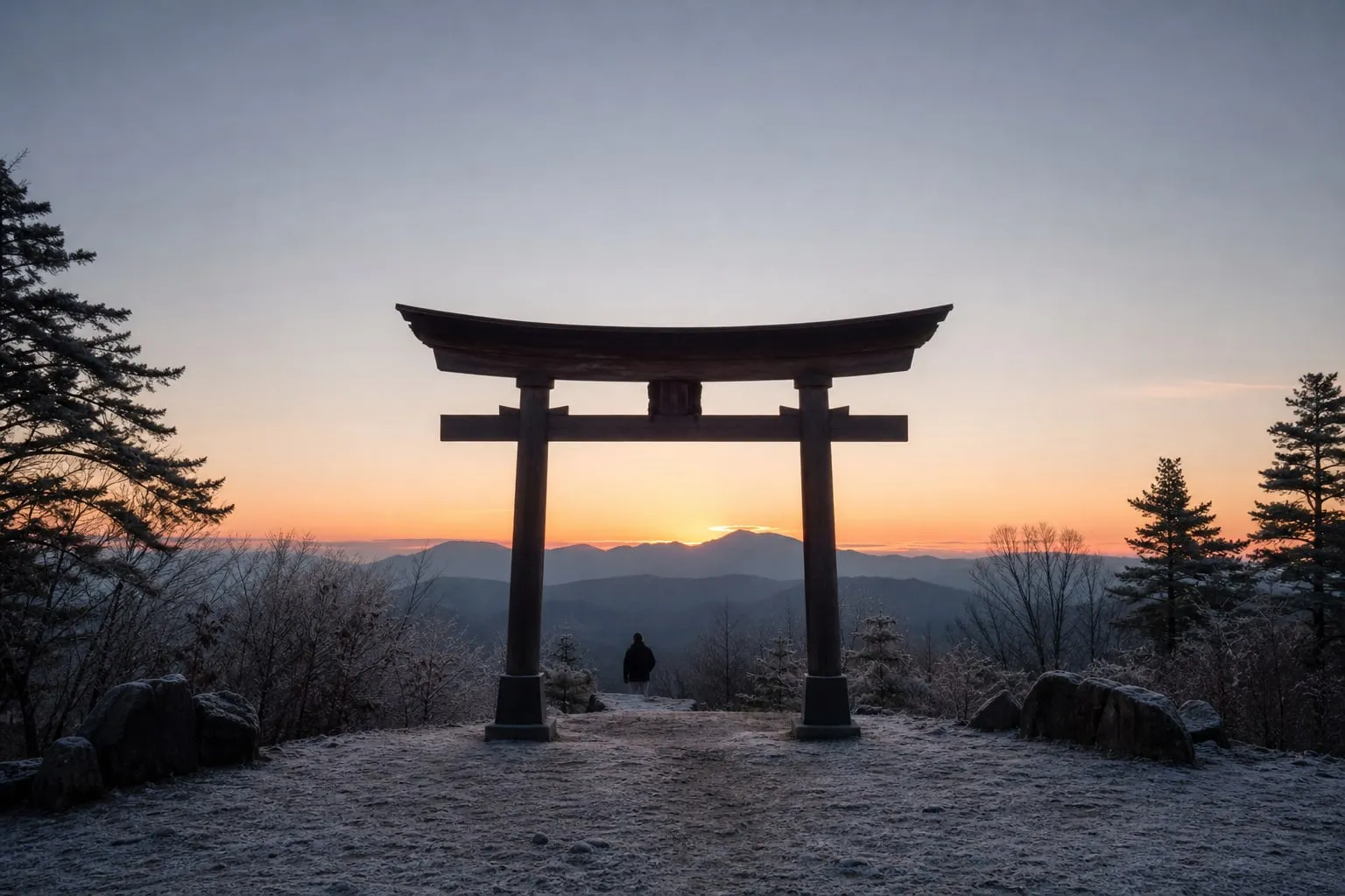 Dawn at a hilltop shrine A shrine gate silhouetted against a winter dawn