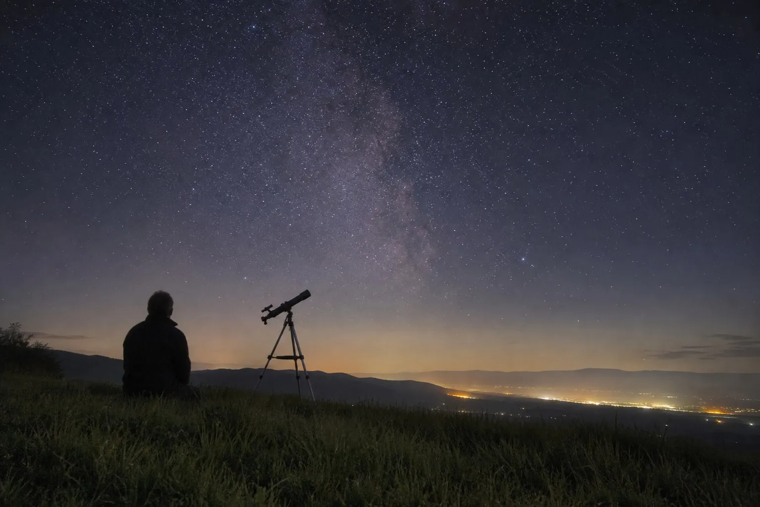 A dark-sky night A small telescope on a hill under the Milky Way
