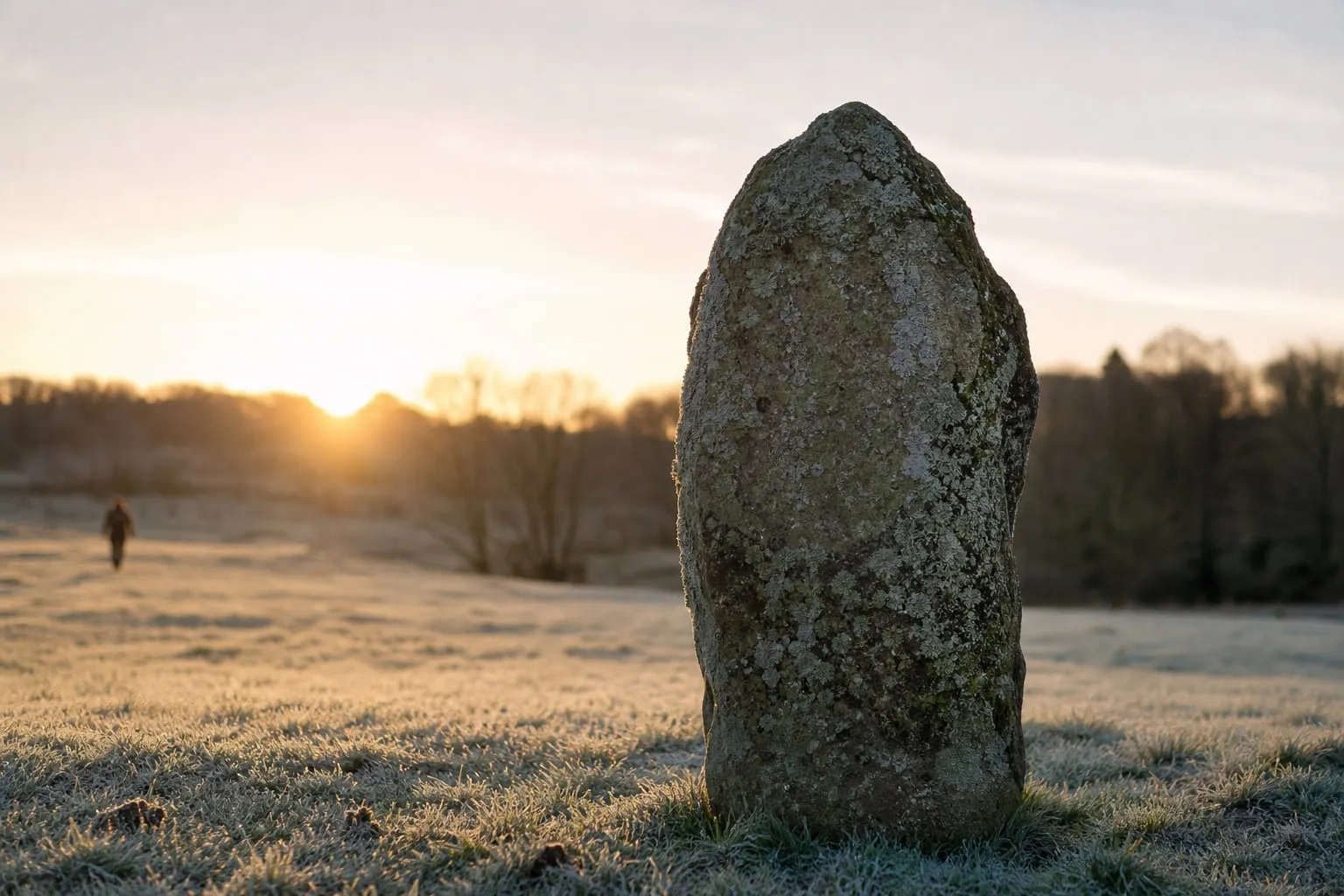 A stone at midwinter A weathered standing stone on frosty grass at winter dawn