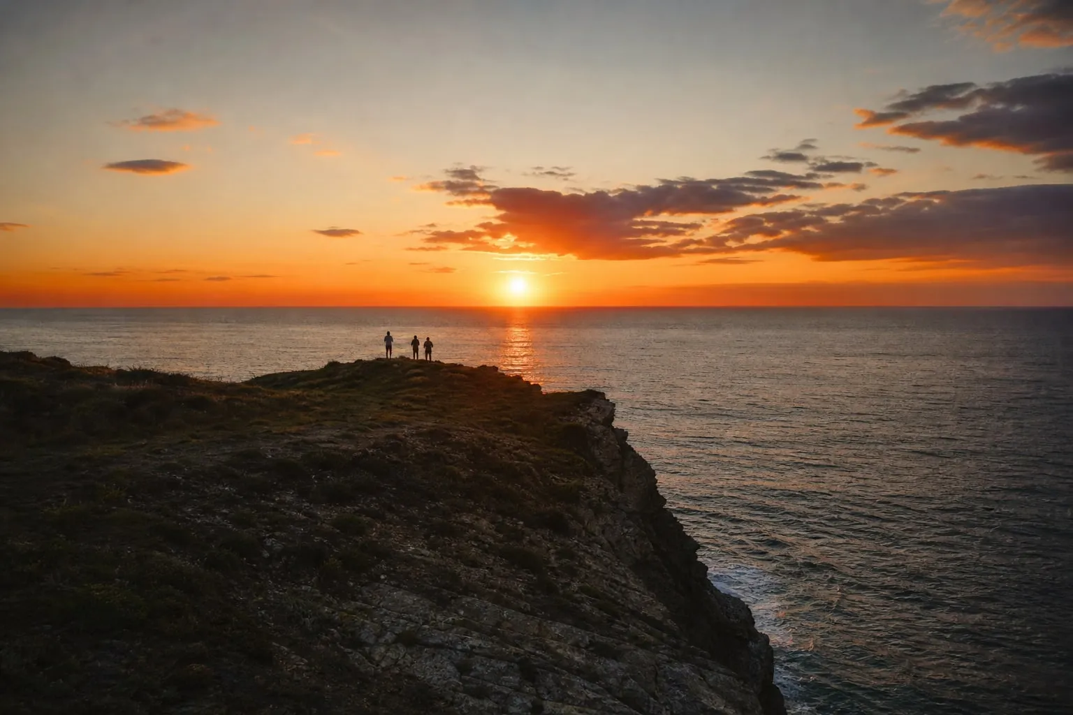 Watching for the flash People in silhouette on a sea cliff watching the sunset
