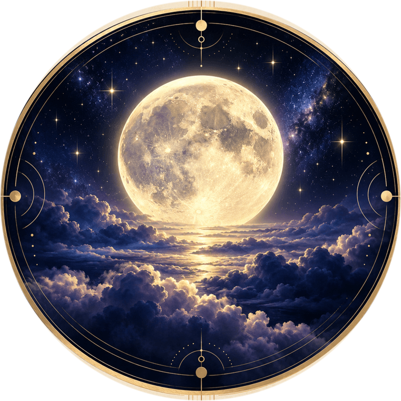 The Full Moon Night: a full moon over night clouds in a gold-ringed medallion