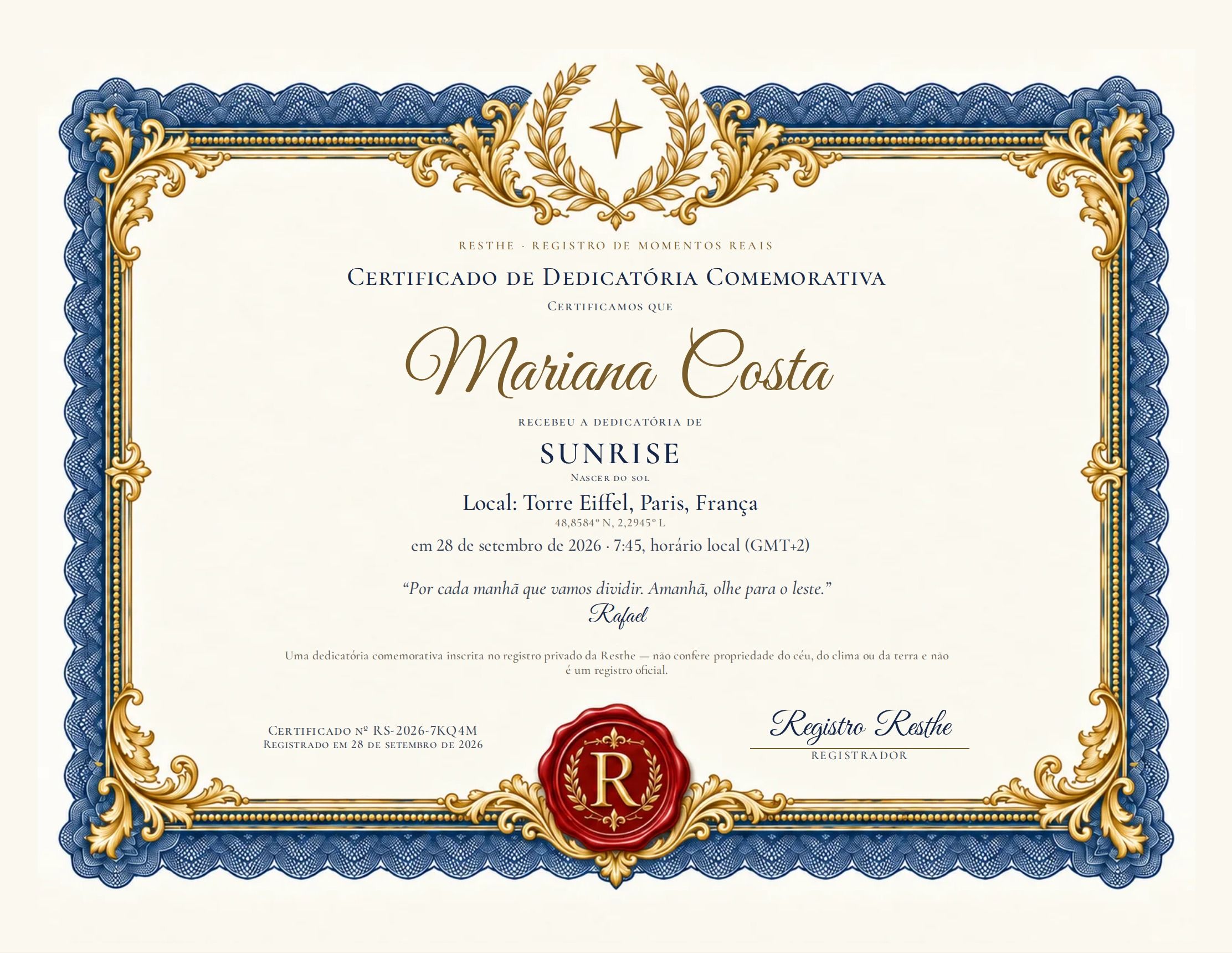The Sunrise: Um exemplo de certificado.