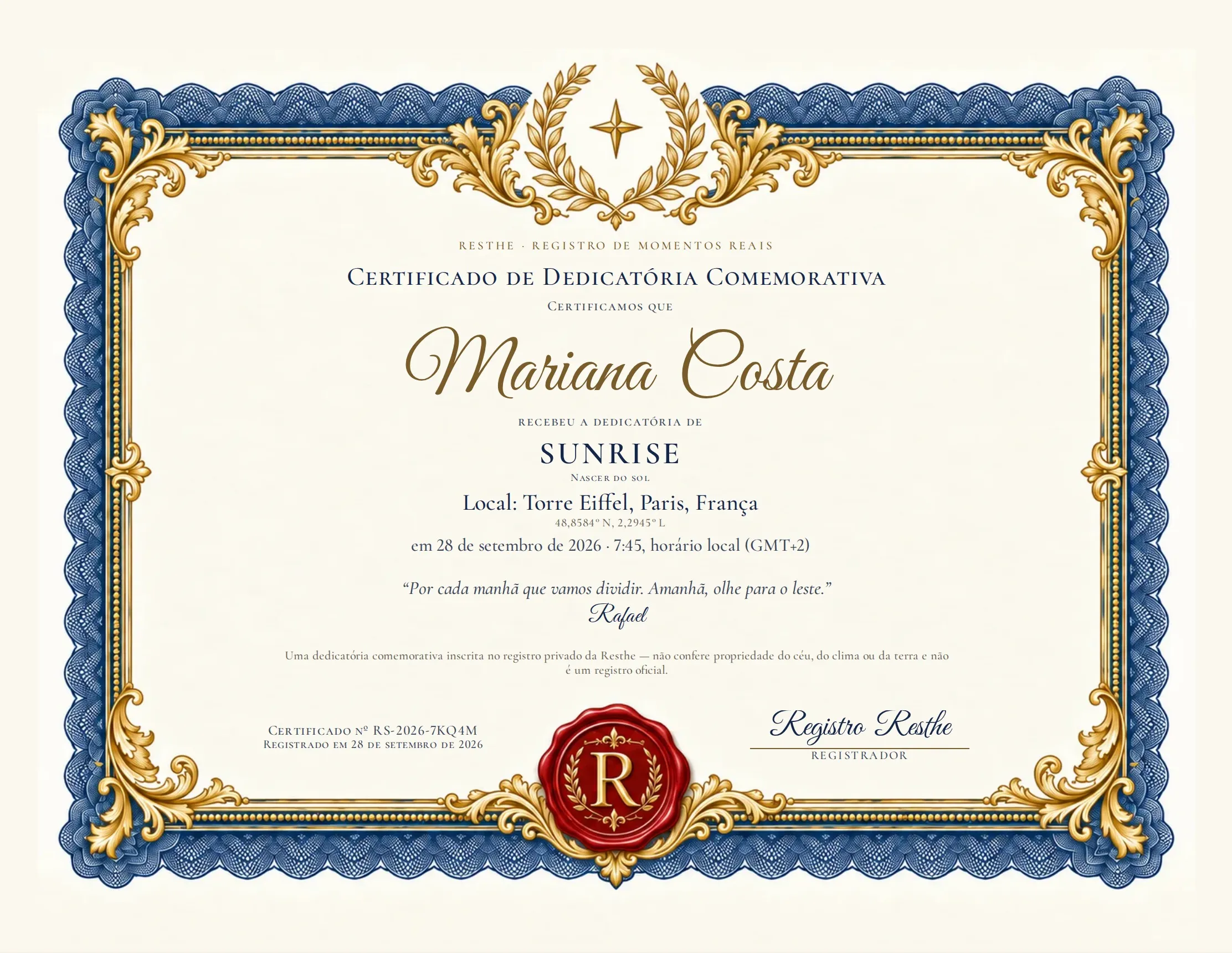 Certificado Maravilhas do céu