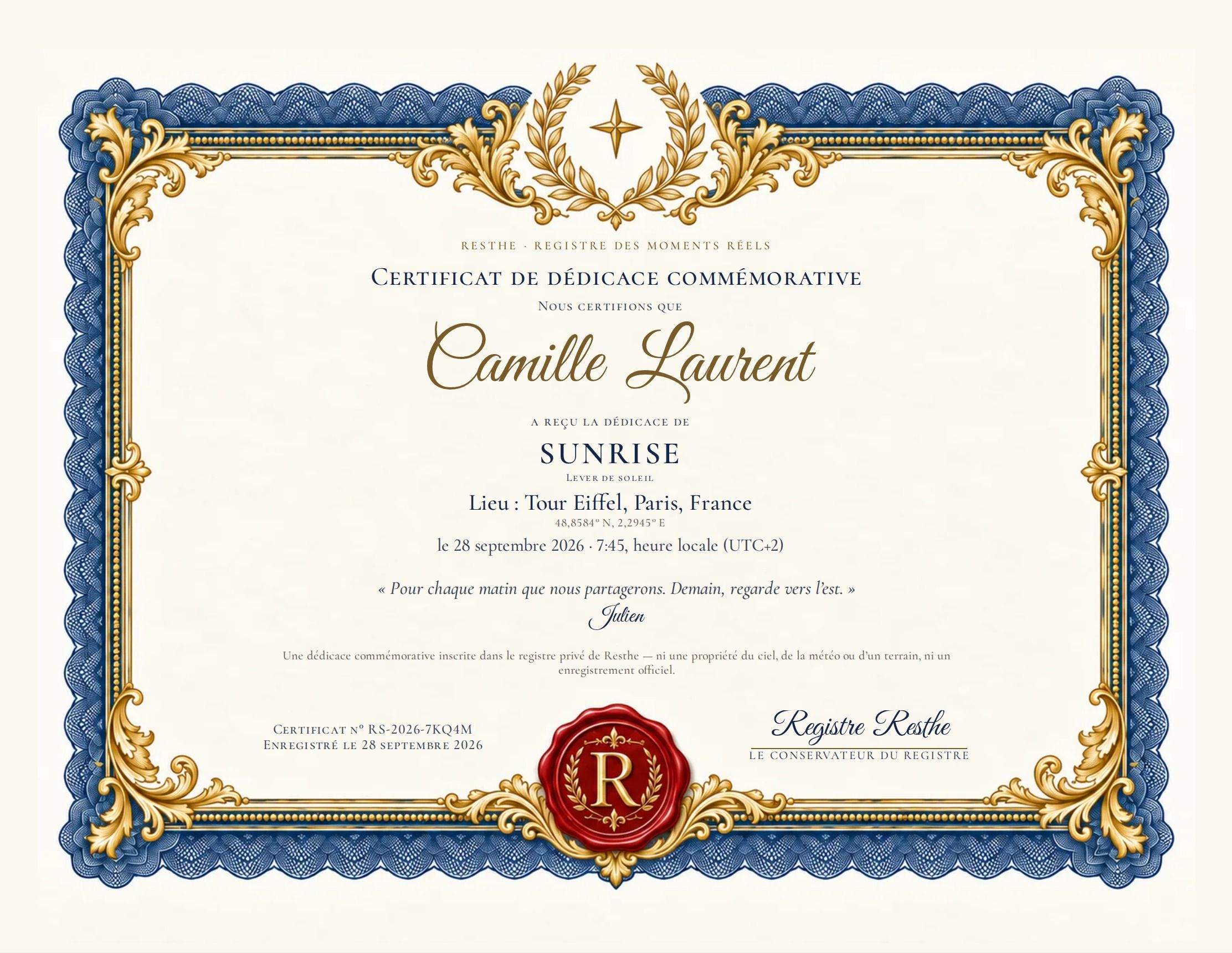 The Sunrise: Un exemple de certificat. The Sunrise: Un exemple de certificat.