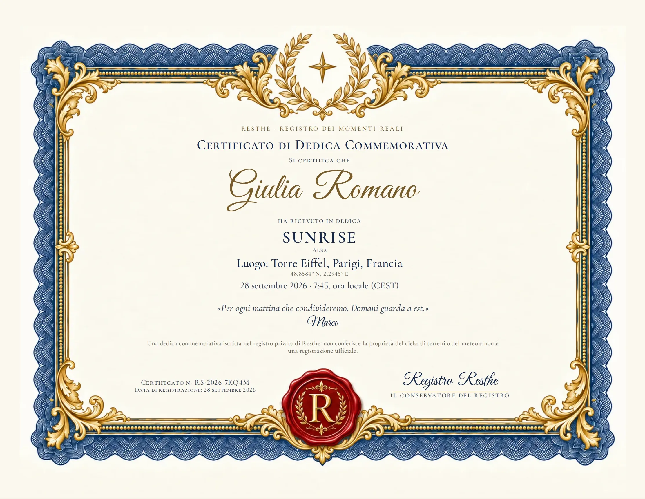 Il certificato Meraviglie del cielo