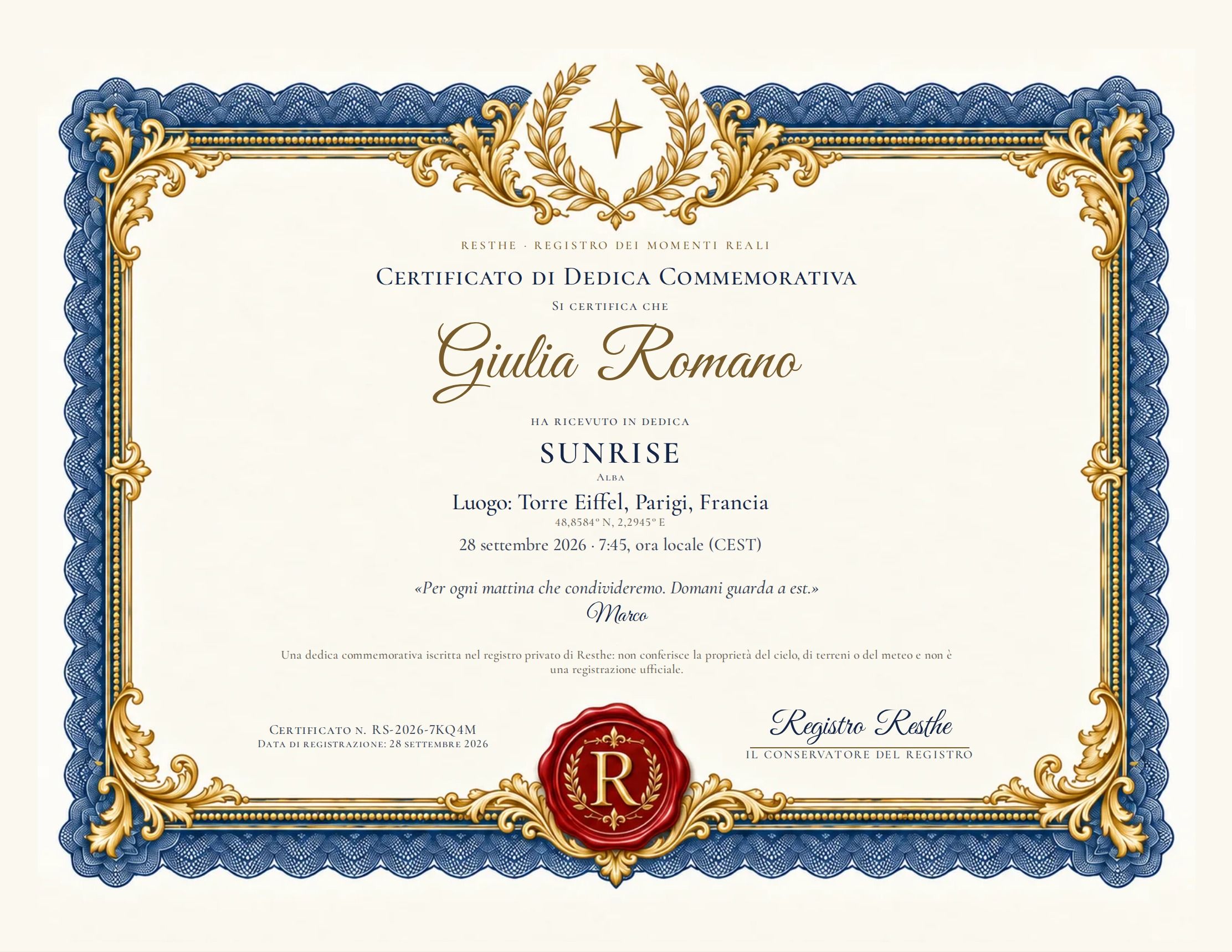 The Sunrise: Un esempio di certificato.