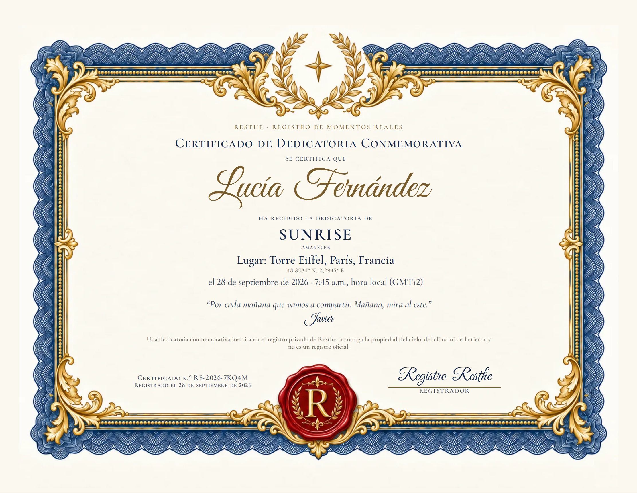 The Sunrise: Un ejemplo de certificado.