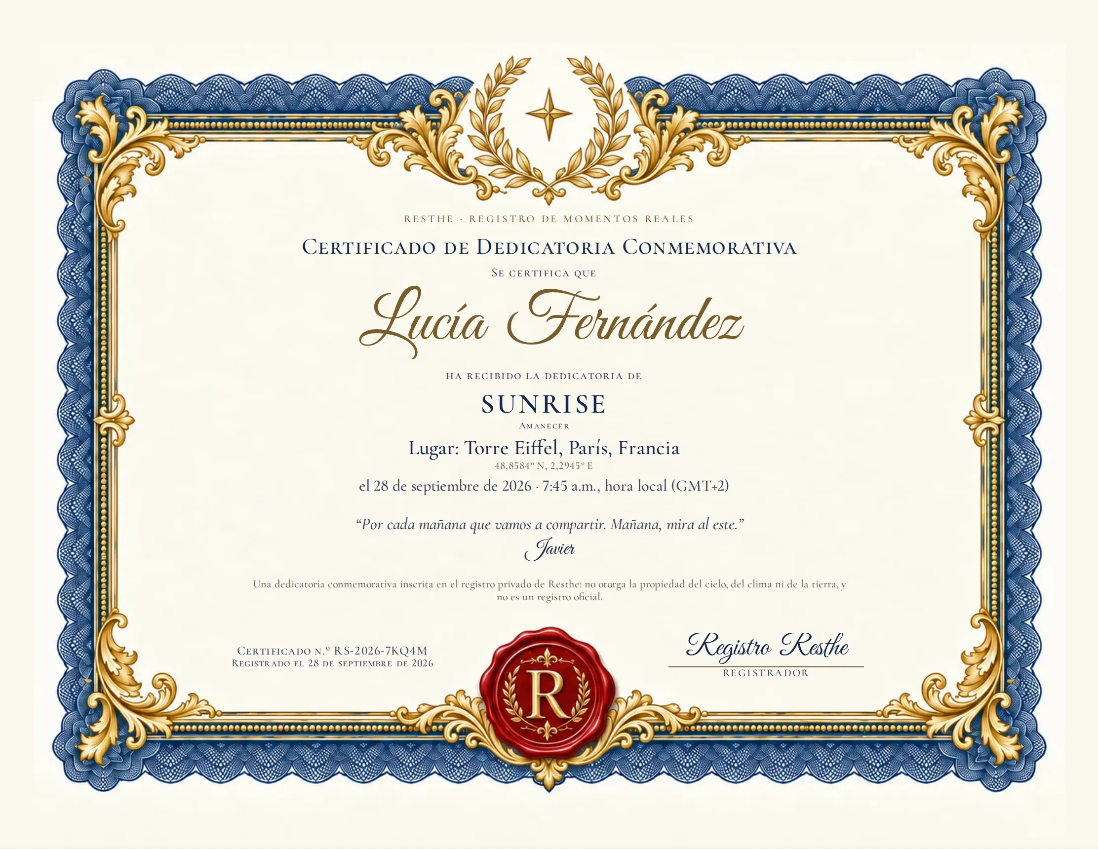 Certificado de Maravillas del cielo