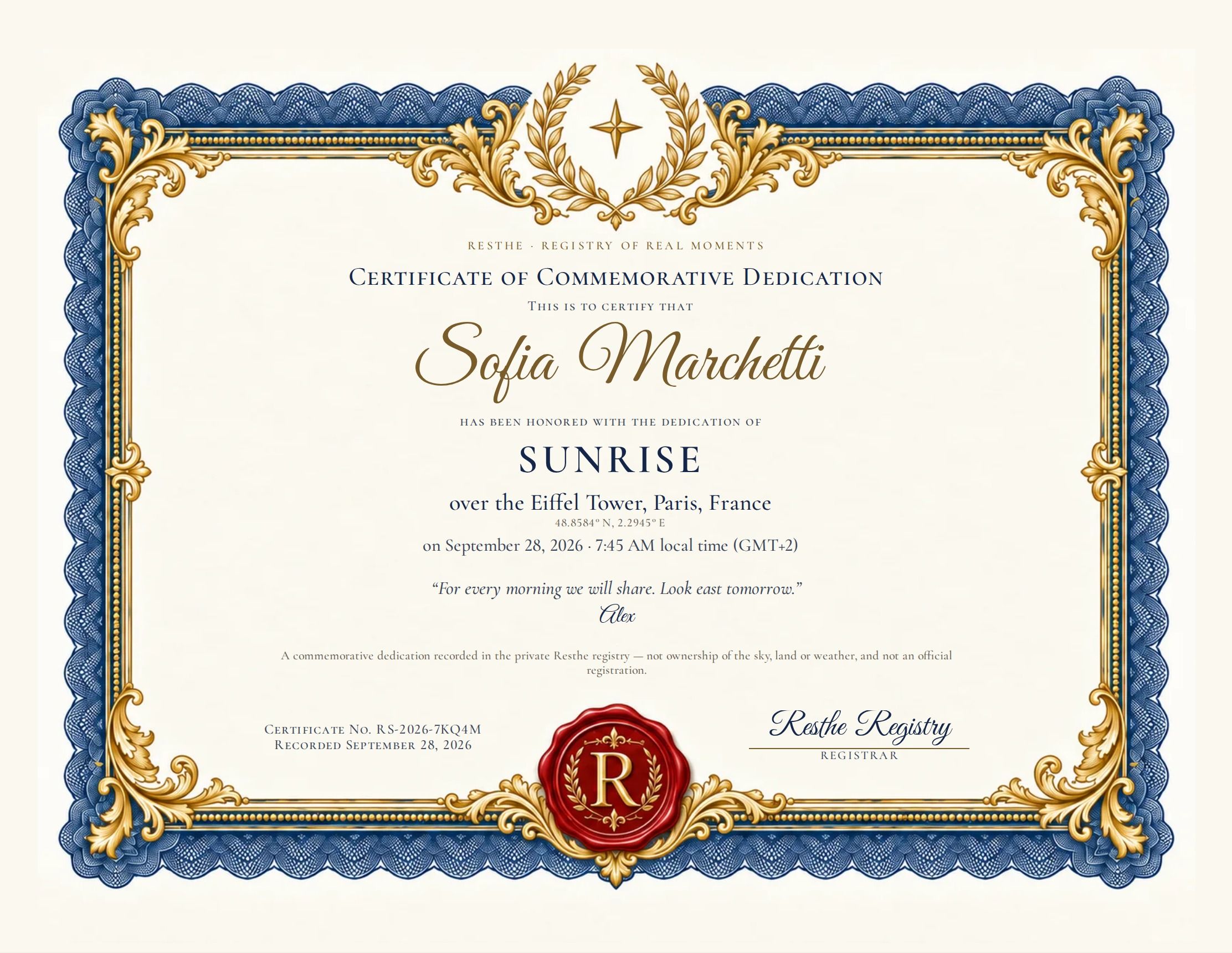 The Sunrise: An example certificate. The Sunrise: An example certificate.