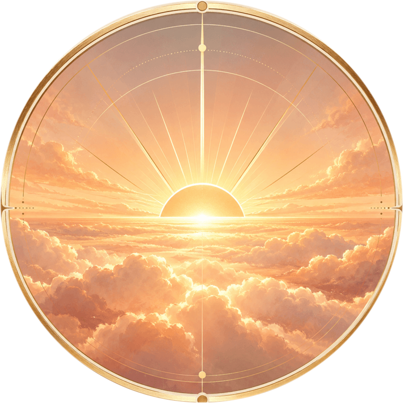 The Sunrise The Sunrise: the sun rising over a sea of clouds in a gold-ringed cream medallion