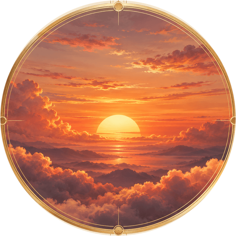 The Sunset The Sunset: the sun setting over mountains and clouds in a gold-ringed medallion