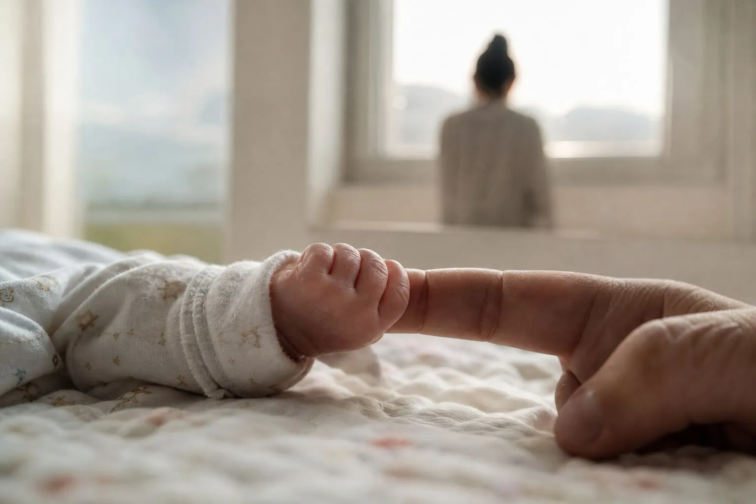 A small hand A newborn’s hand holding a parent’s finger in morning light