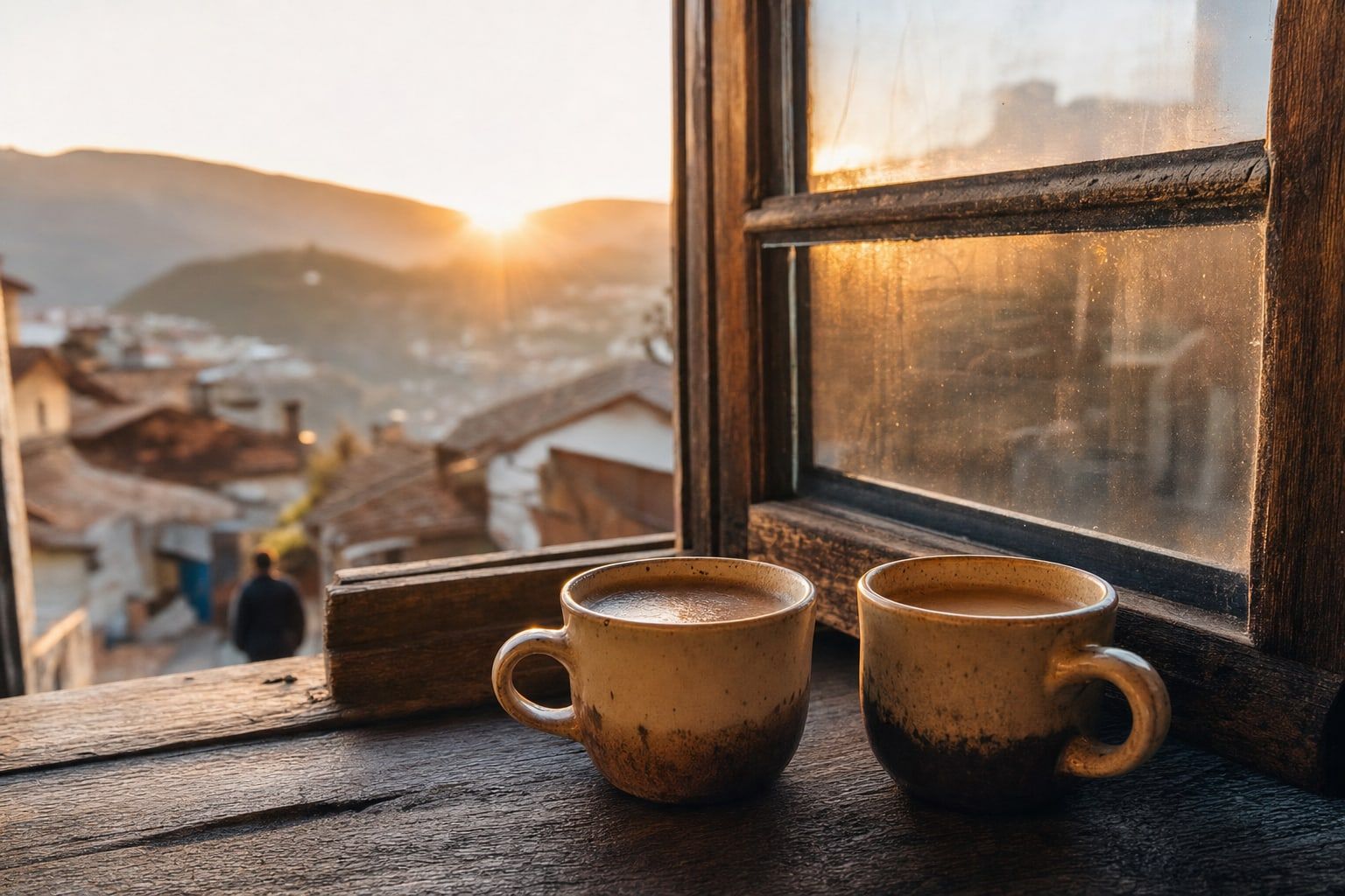 Two coffee cups on a windowsill at sunrise
