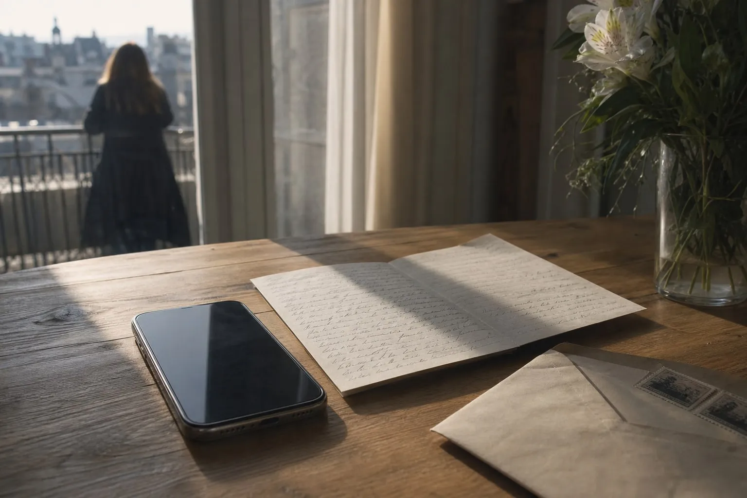 A phone and a handwritten letter on a table in morning light