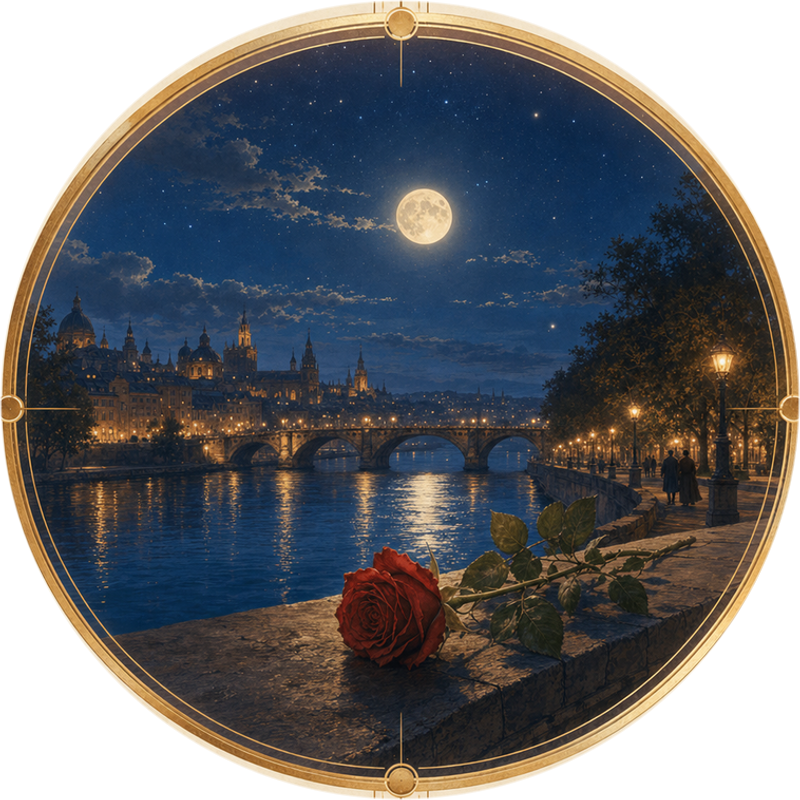 A moonlit Valentine’s Day Valentine’s Day gift: a red rose on a stone embankment by a moonlit river