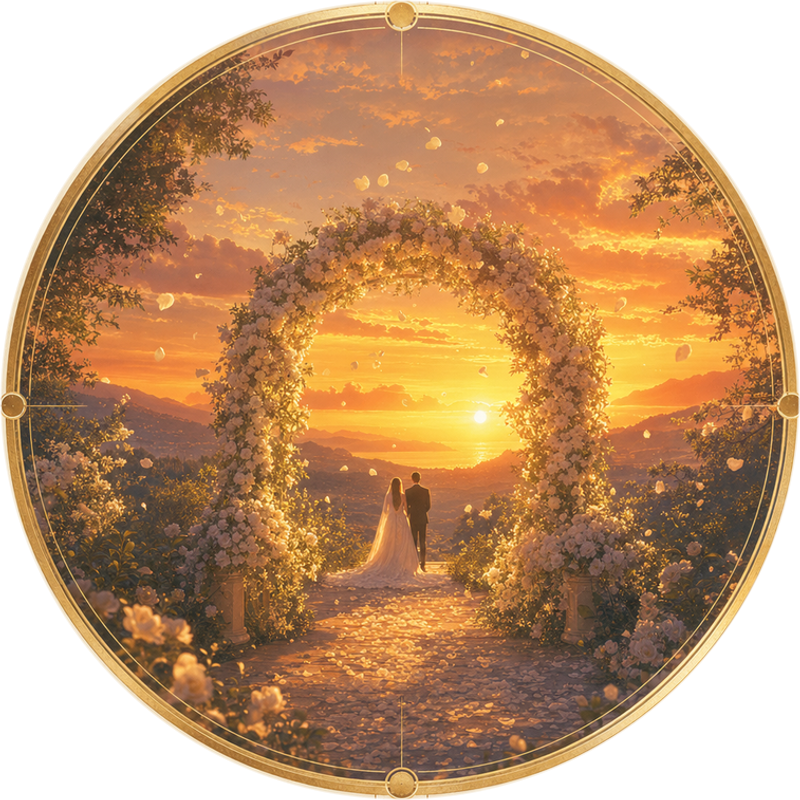 A wedding evening Wedding gift: a couple walking under a flower arch toward the setting sun