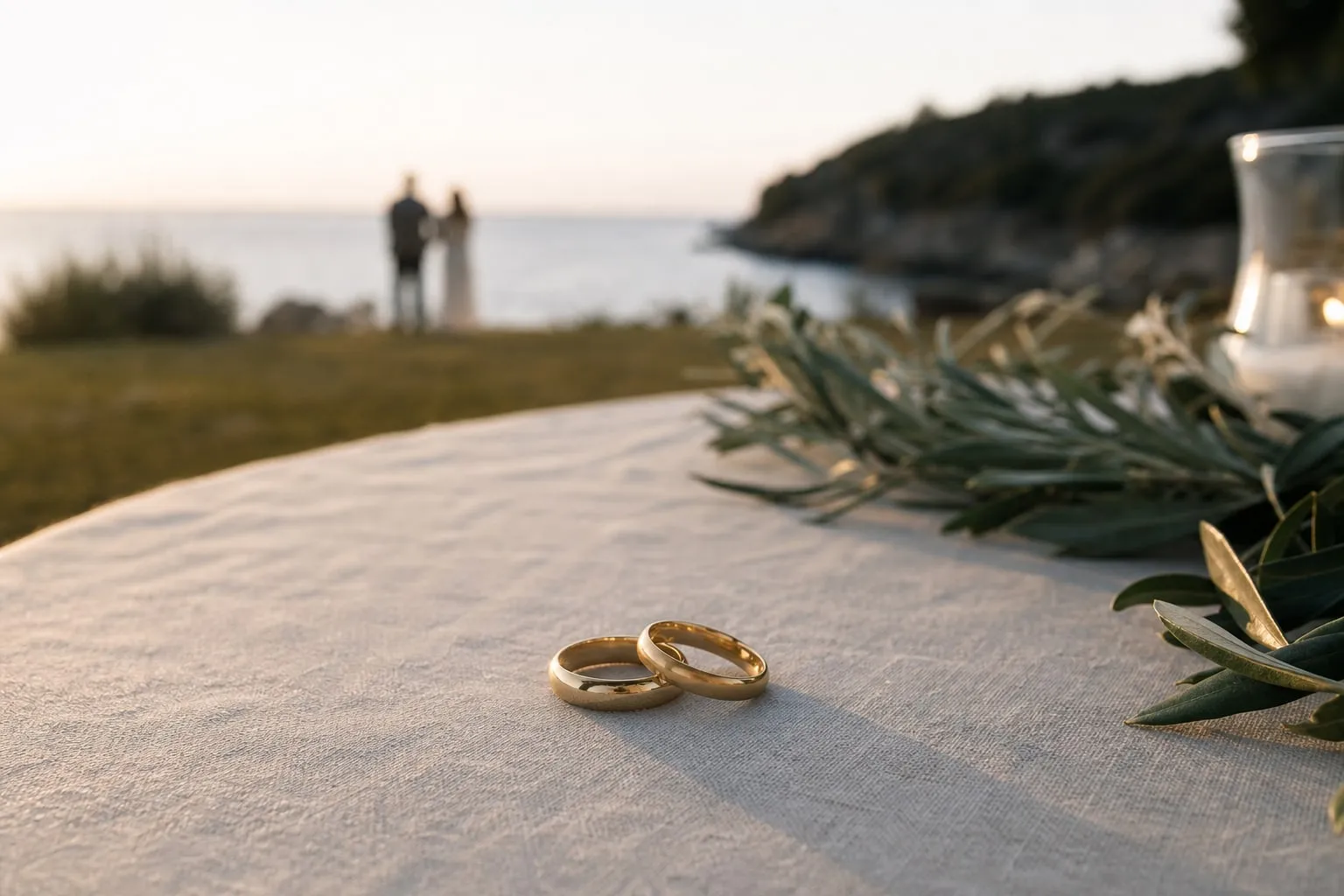 Two gold wedding rings on linen in morning light