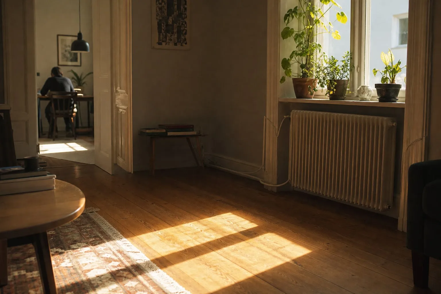 Sunlight through a window Morning sunlight casting a long patch of light across a wooden floor