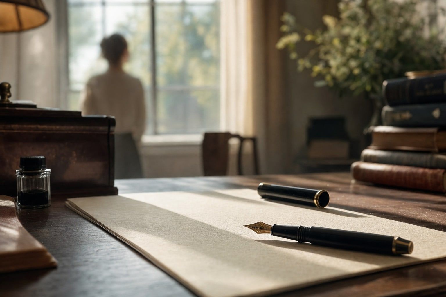 A fountain pen writing a dedication on a cream card