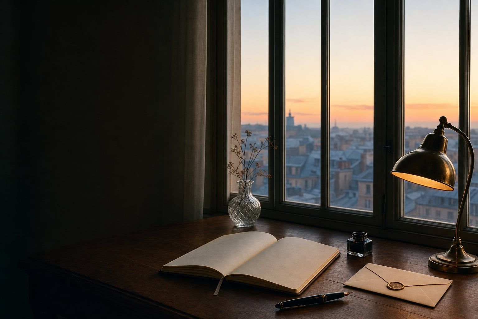 A writing desk with a sealed envelope and a lamp by a window at dawn