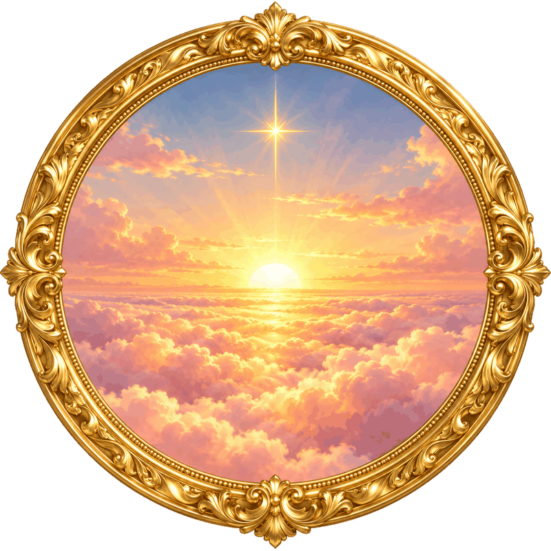 Your First Sunrise: a sunrise over pink clouds in an ornate gold frame